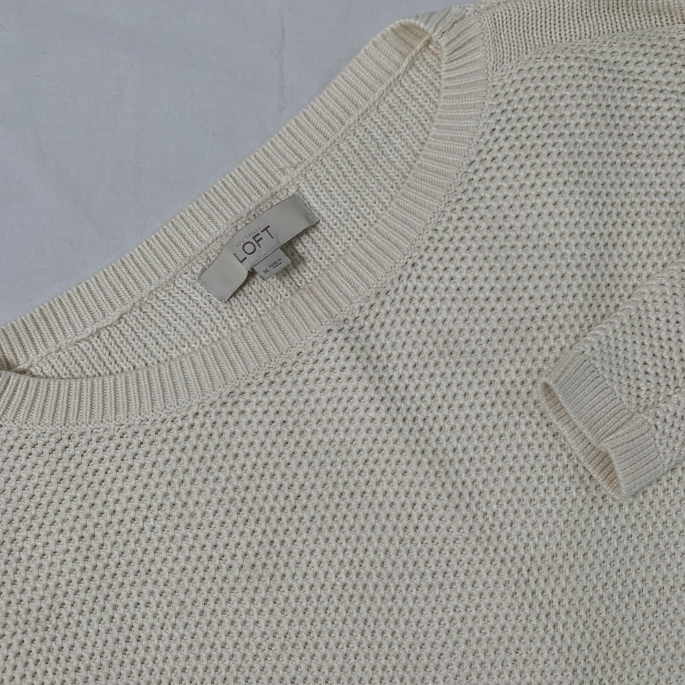 Ann Taylor LOFT Size M Ivory Cotton Silk Blend Open Knit Crewneck Tunic Sweater